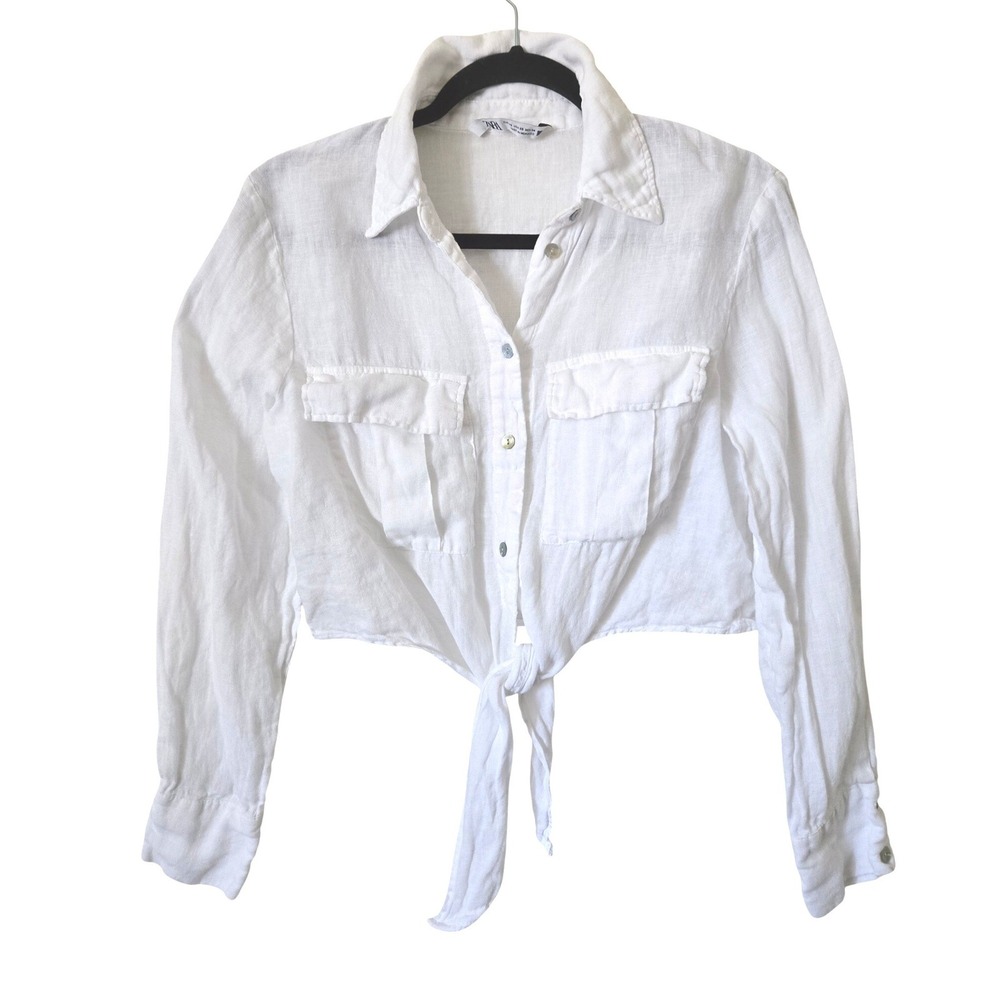 Zara XS Cropped Tie Front Shirt Womens White Linen Blend Long Sleeve Pocket Top